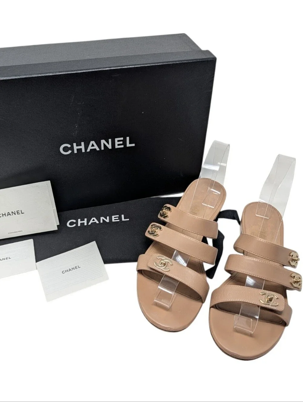 Chanel Beige Nude Interlocking CC Silver Turnlock Slide Mule Sandals Size EU 39